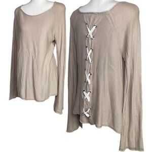 Marled Cream Knit Long Sleeve Lightweight Sweater Lace Up Back M